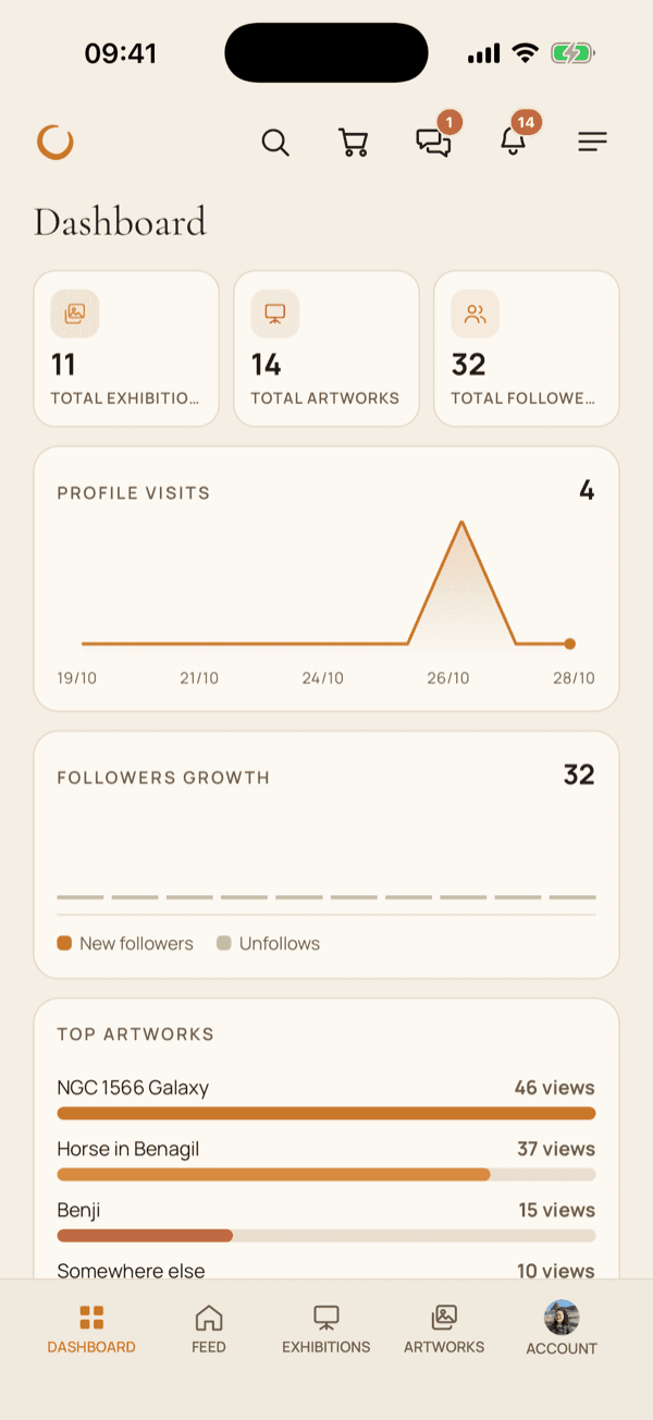 The artist dashboard in the app