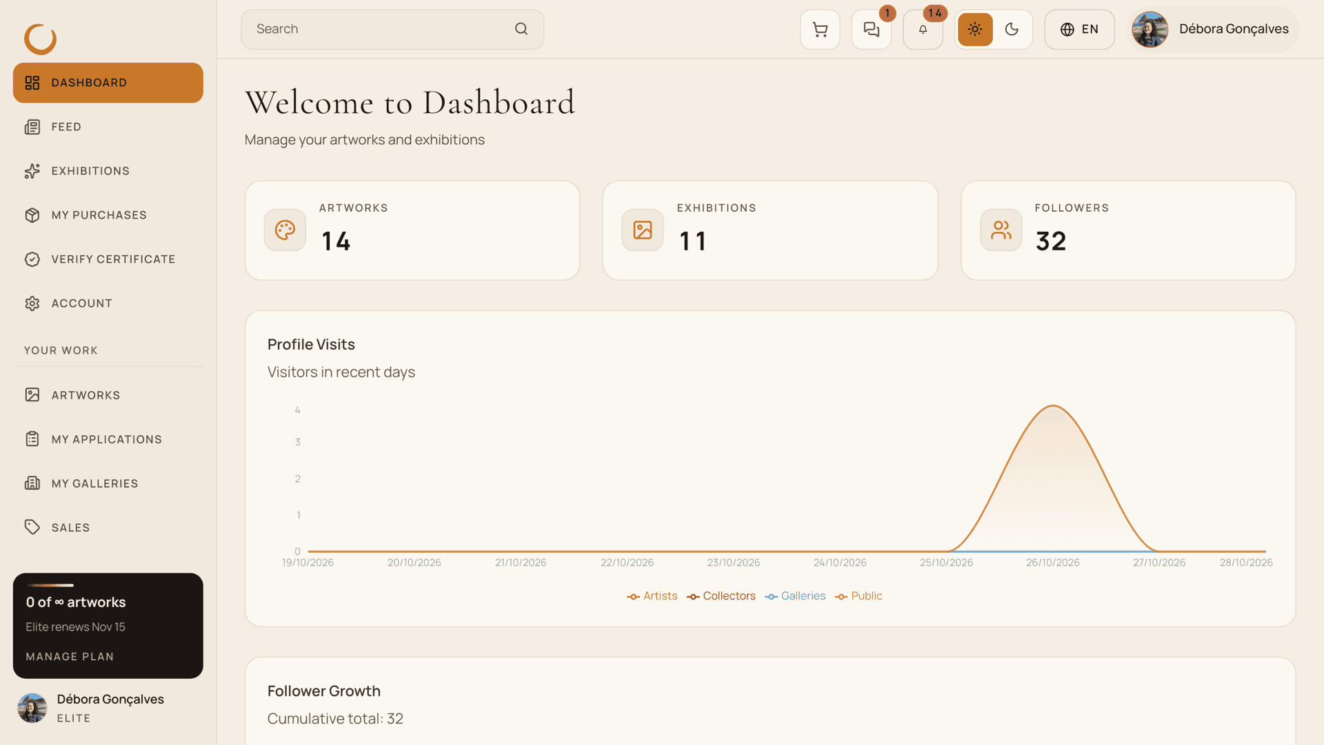 The artist dashboard on the web